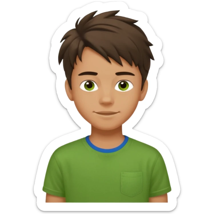 A 14 yerar old teenage boy, tanned, wearing a green t-shirt , blue jeans and green sneakers with dark brown tousled hair, smirking sticker