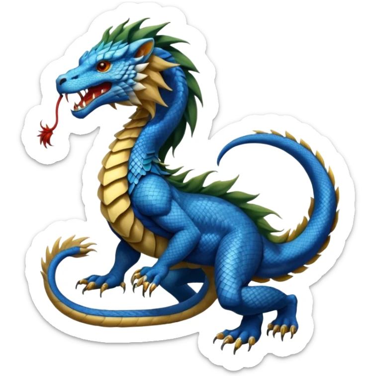 Mušḫuššu, mythic hybrid, blue or turquoise dragon-snake body, lion mane, lion forelegs, eagle talons for hind legs, head half dragon half lion, lizard tail, snake tongue, no wings, ancient and regal sticker
