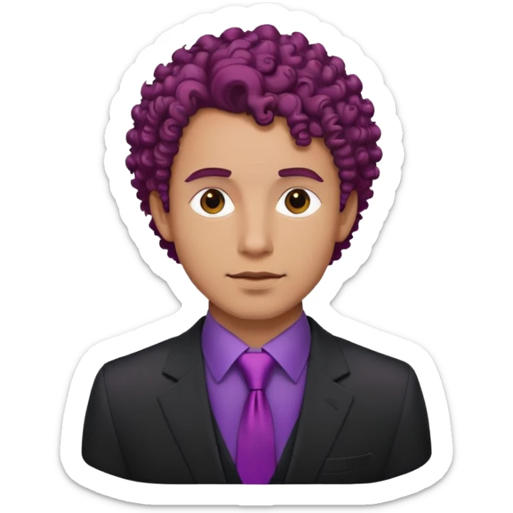 man with black suit, purple shirt, a red tie and curly hair sticker