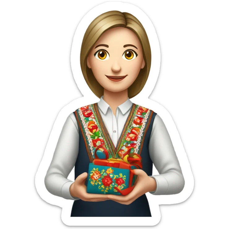 A female teacher in Ukrainian embroidery holds a gift in her hand sticker