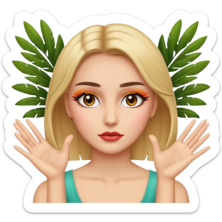 Girl with makeup on with palms facing eachother on each side of the face  sticker
