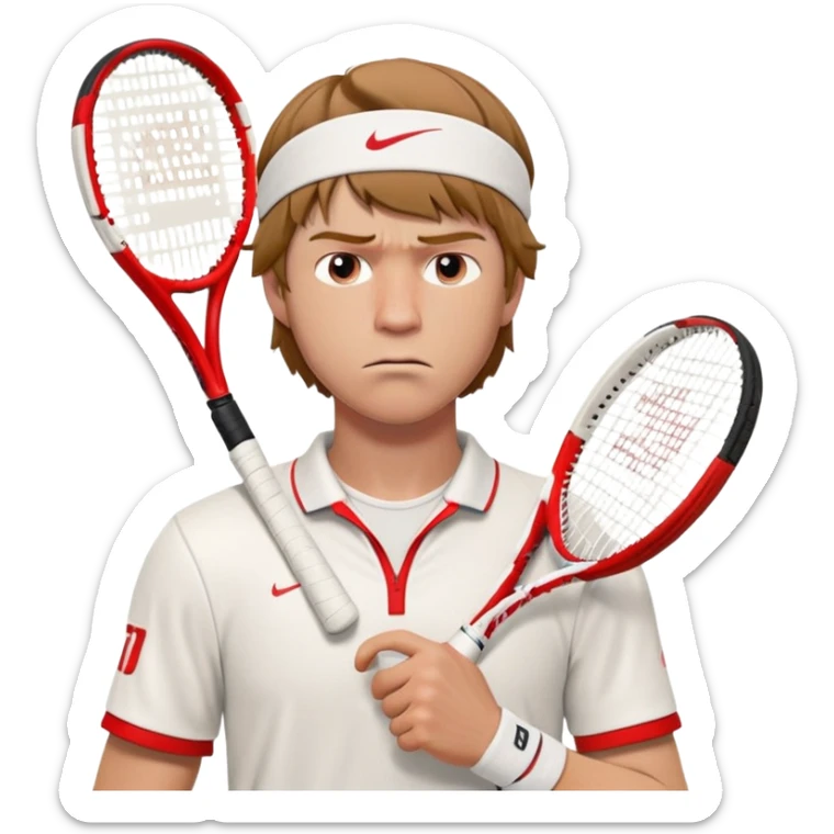 A 3D cartoon-style illustration of a male tennis player resembling Andrey Rublev. He is wearing a white tennis shirt with a small logo, a white wristband, and holding a red and white tennis racket. His expression is serious and focused. He has short brown hair and a headband with a small red logo. The style is similar to an Apple emoji or Memoji character – clean, high-quality, slightly exaggerated facial features, and polished rendering. White background.
 sticker