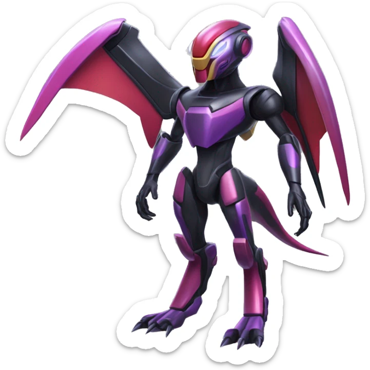 a shiny metallic black-purple-red-yellow Genesect-Flygon-Raptor-Fakémon-Medabot-hybrid with a futuristic visor-helmet full body sticker