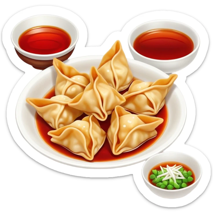Chengdu Long Chaoshou wonton with red oil sauce on top, simplified emoji style with bold outlines and bright colors, cartoon style Sichuan style wontons sticker