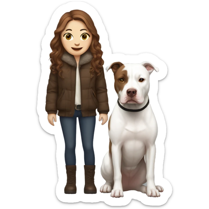 white woman with long brown hair in a furry jacket standing alongside a white pitbull sticker