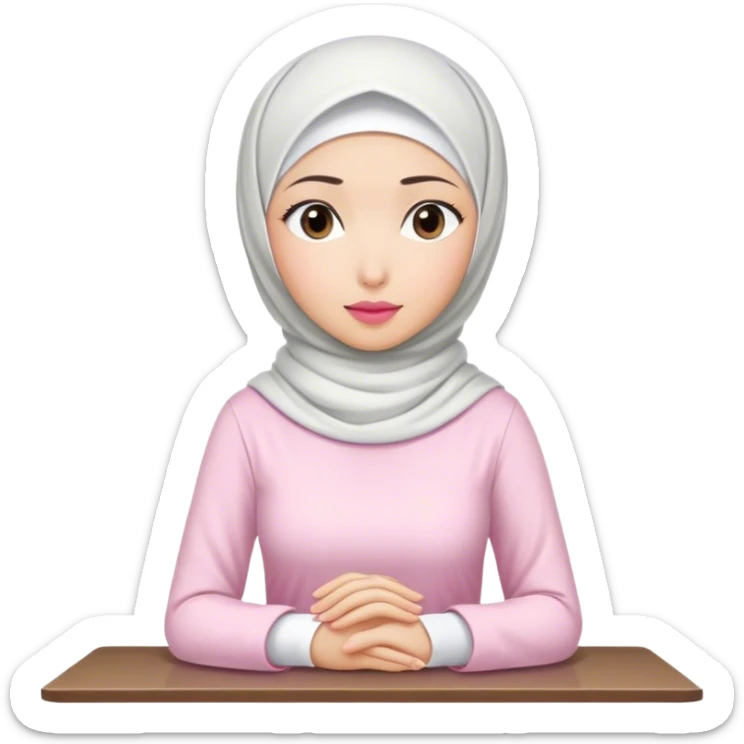 A white Asian woman, white hijab women are listening with her hands folded on the table. her lips is pink. her outfit & hijab color is white sticker