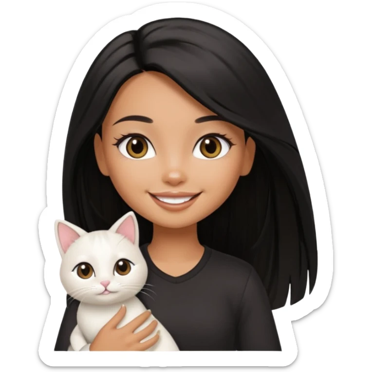 a pretty tan bratz girl with black long straight hair smiling and holding a white cat\ sticker