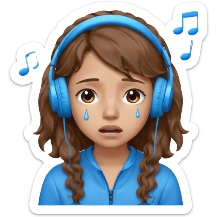 A crying girl with wavy hair listening to music with blue headphones sticker
