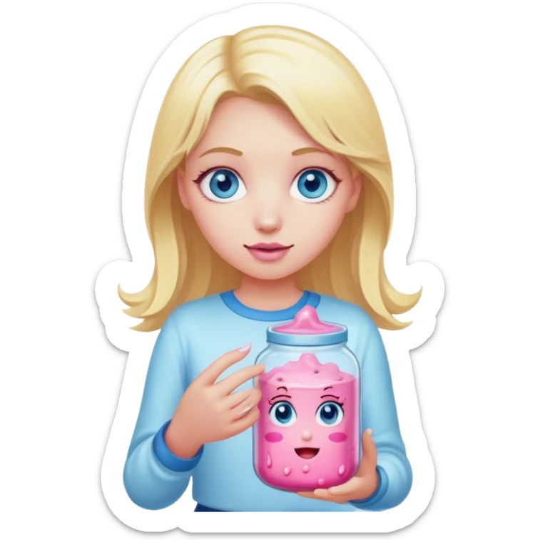 Blonde girl with blue eyes holding jar of pink slime sticker