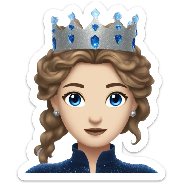 Feyre has brown hair with bright blue eyes and a silver crown on top of her head. She wears a dark blue glitter dress  sticker