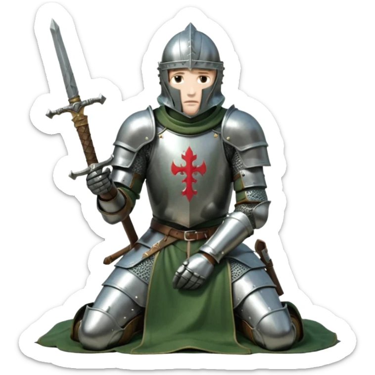 A lone medieval knight in a green worn armor kneels. His helmet is closed, hiding his face, conveying silence, exhaustion and contemplation. A long sword is planted in the ground beside him, its hilt resting near his gloved hands as if he is praying or resting after battle. sticker