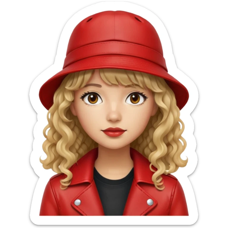 Young woman, long curly/wavy hair with fringe, red leather jacket, black bucket hat, tan skin tone  sticker