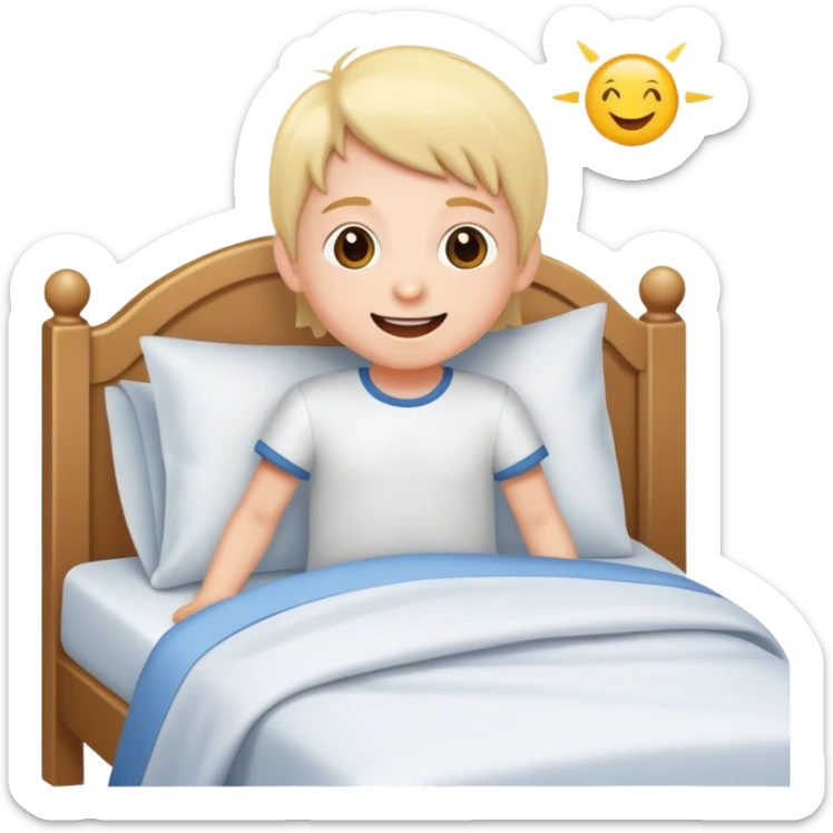 a child happily getting out of bed in the morning, bright and friendly sticker