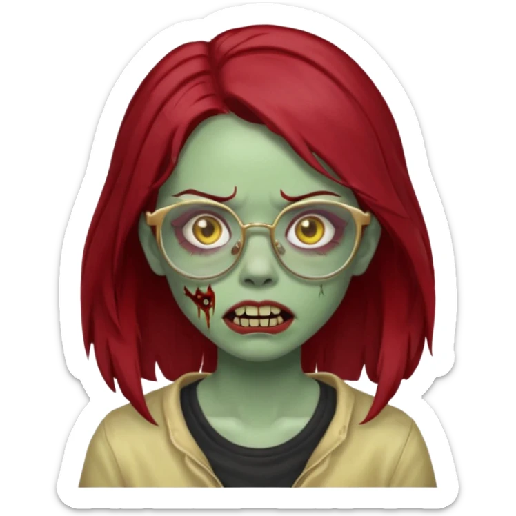 A zombie girl with dark red mid length  hair with golden grills and glasses sticker