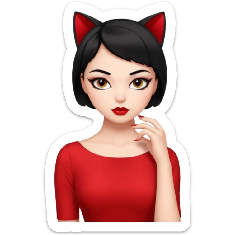 Chica Otaku con delineado gatita con vestido rojo y pelo corto negro súper sexy sticker