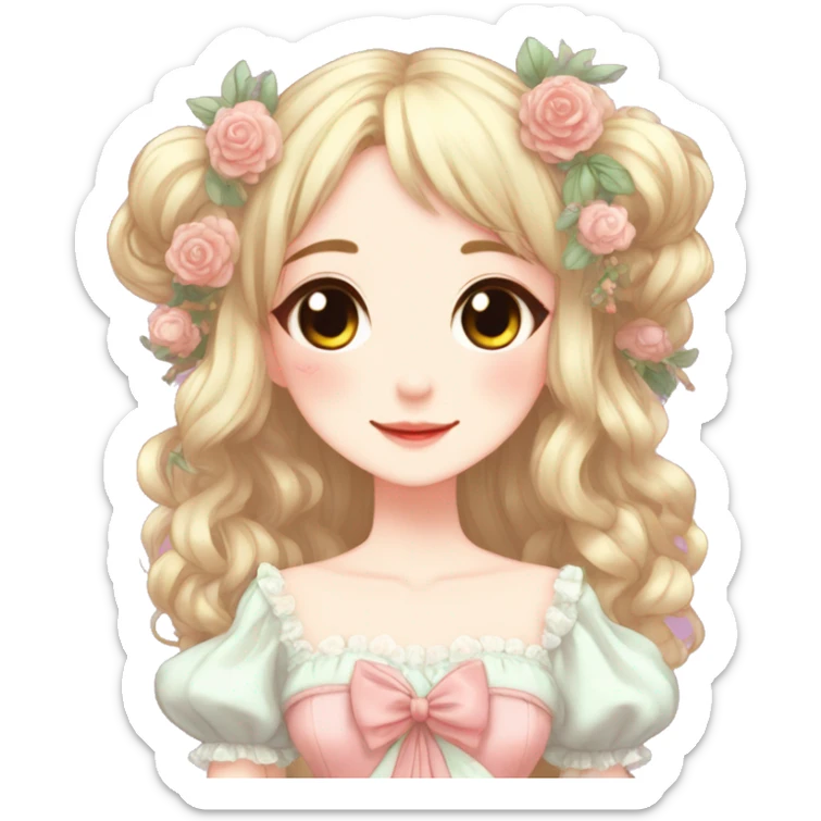 Cute kawaii gorgeous pretty anime lady beautiful hair with gorgeous dress fairycore cottagecore detailed high quality trending aesthetic sticker