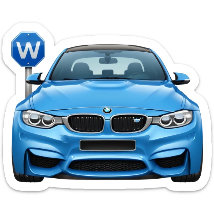 Make me an emoji with a blue bmw M3 and a street sign with W LZR on it sticker