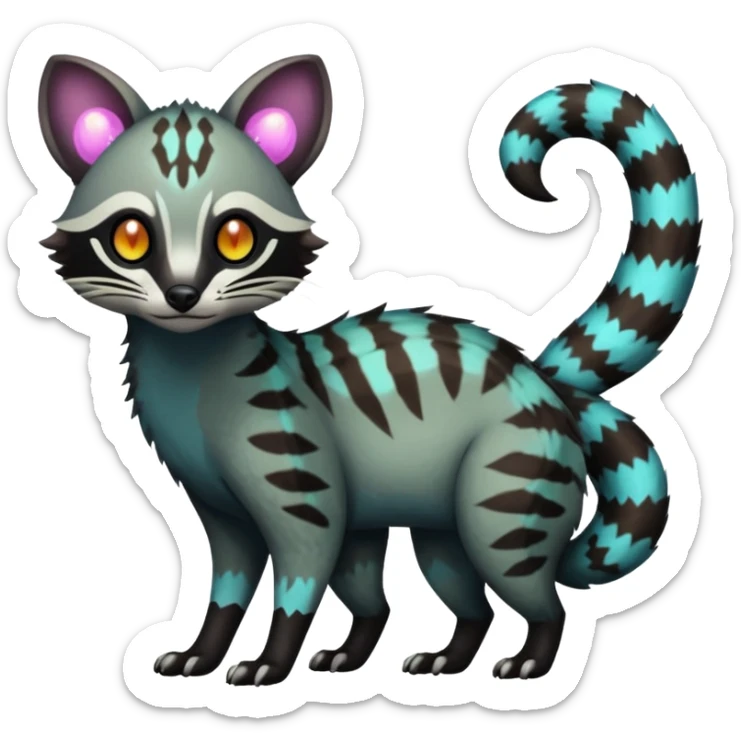 Rare warm-colored exotic edgy epic aesthetic gloomy spooky dark modern colorful cyber-Genet-Trico-Civet-species-Fakemon-hybrid-creature, with beautiful intricate markings, full body sticker