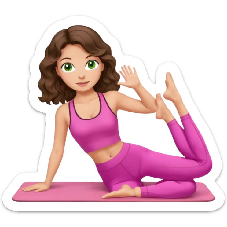 White, green-eyed, brunette cute feminine lady emoji with wavy hair doing pilates wearing pink pilates fit sticker