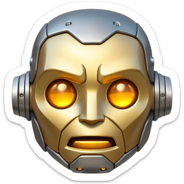 Cinematic Cute Mighty Iron Golem Portrait Emoji Head tilted playfully and inquisitively, featuring a sleek yet sturdy metal form with smooth, polished steel plating and glowing golden engravings, accented by faintly humming energy veins that pulse with life; rendered with lifelike clarity and soft, natural reflections, high shine, charming yet robust, styled with a touch of whimsical fantasy, soft glowing outline, capturing the essence of a watchful yet endearing golem, as if it might shift its massive head with a slow, thoughtful nod at any moment! sticker