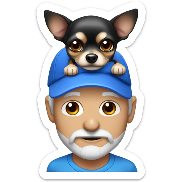 Old man with blue eyes goatee beard ball cap holding cute black long fur Chihuahua sticker