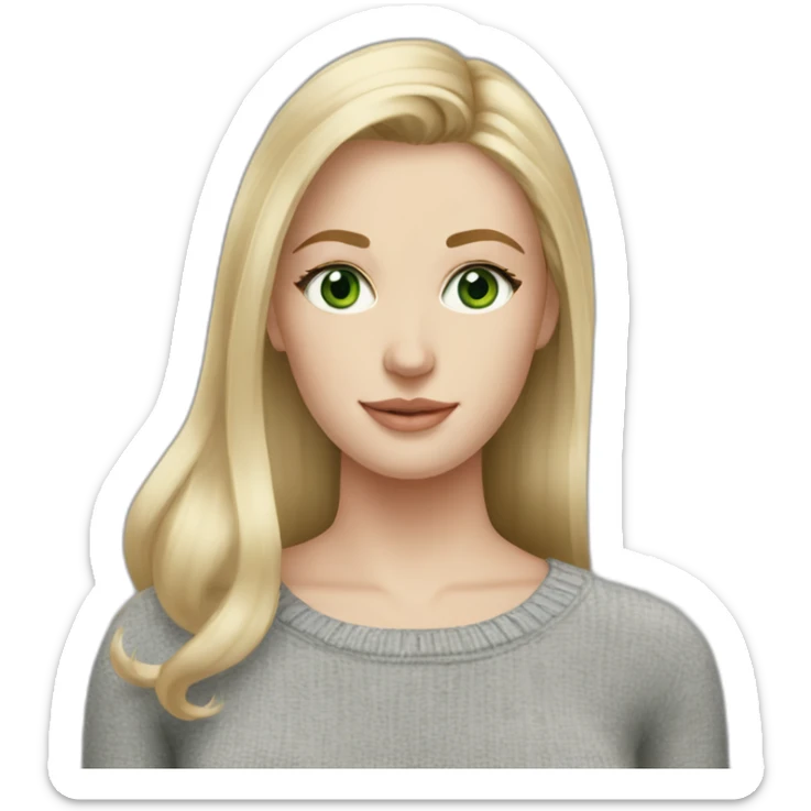 medium blonde girl with page cut, green eyes, long face, pale skin, silver earrings wearing a grey sweater sticker