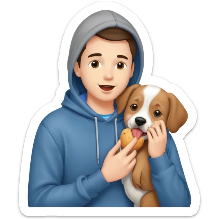 Cute dog lover boyfriend with soft smile, wearing hoodie and jeans, one dog licking his face sticker