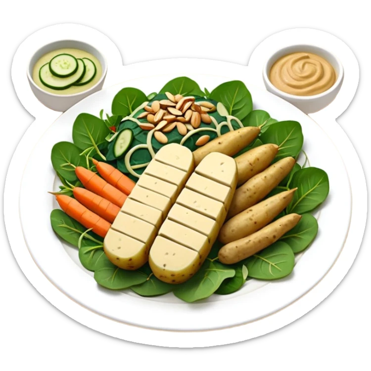 Potatoes stuffed with a filling of cashews, tofu, chives and almonds baked with a cheesy peanut-spinach sauce and smoked tempeh + a salad of fennel-marinated zucchini and carrots served with pickled cucumber and arugula.  sticker