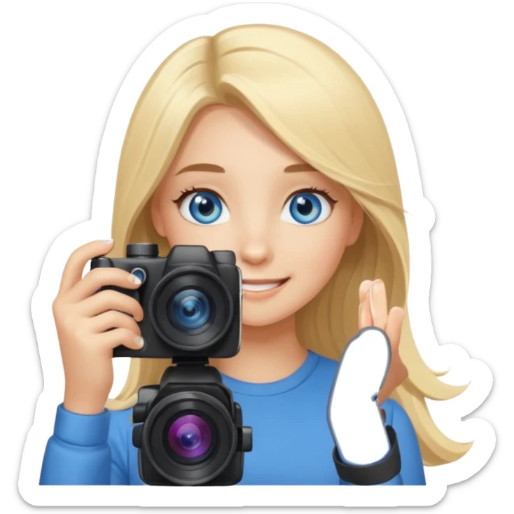 blue eyes blonde girl photographer cartoon taking picture in middle of taking picture camera in front of face long hair smiling funny flash professiona sticker