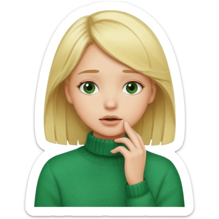 blonde girl has sore throat in green sweater with hand on throat sticker