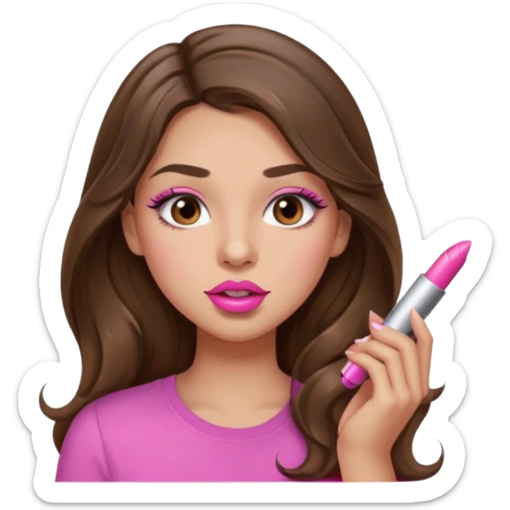 girl with long wavy brown hair, brown eyes, light to medium complexion, in a pink shirt, pink lips, long lashes, puckered lips, putting on lipstick sticker