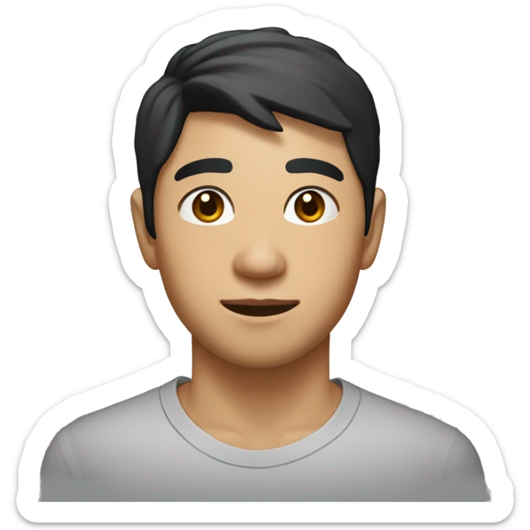 A head and shoulders shot of a 32 year old Asian man, with short black hair,   with brown eyes wearing a t-shirt. sticker