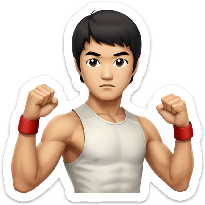 Bruce Lee in his iconic fighting stance with raised fists and martial arts pose sticker