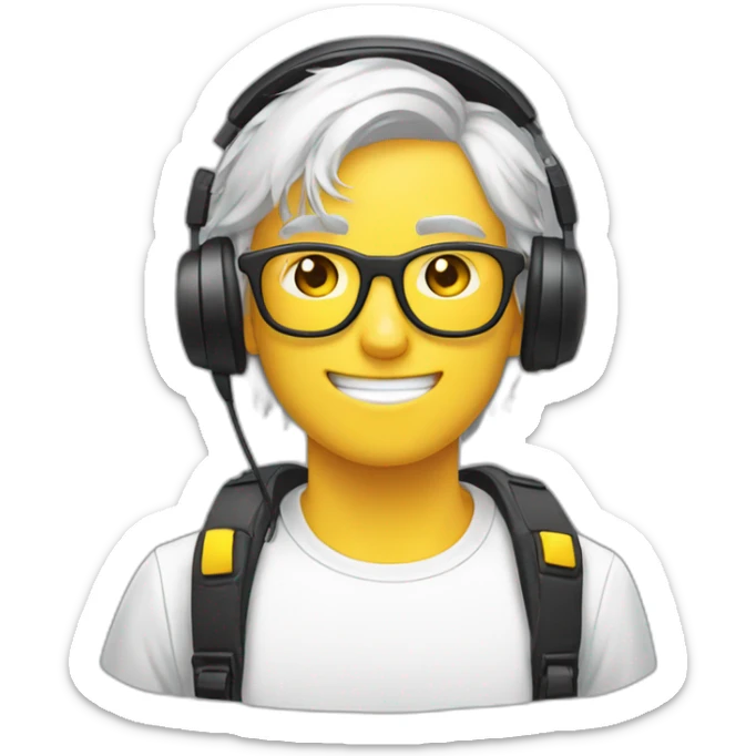 2d sticker emoji of a 18 year old guy wearing headset, white hair, yellow gamer glasses, facing the camera sticker