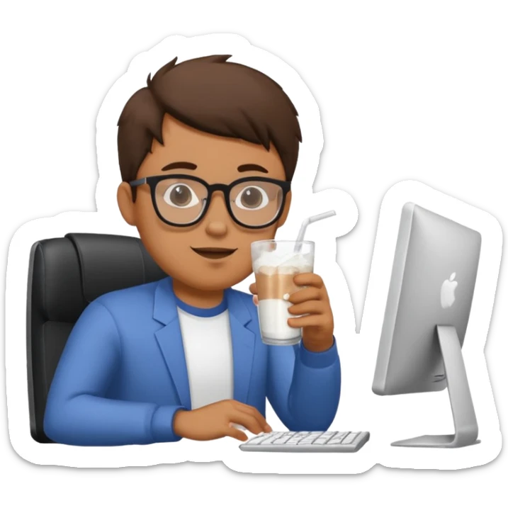 Hombre tomando blanco un refresco frente a un ordenador sticker