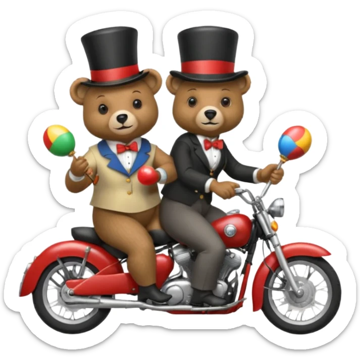 A bear wearing a top hat and holding maracas while on the back of an old lady who is driving a motorcycle sticker