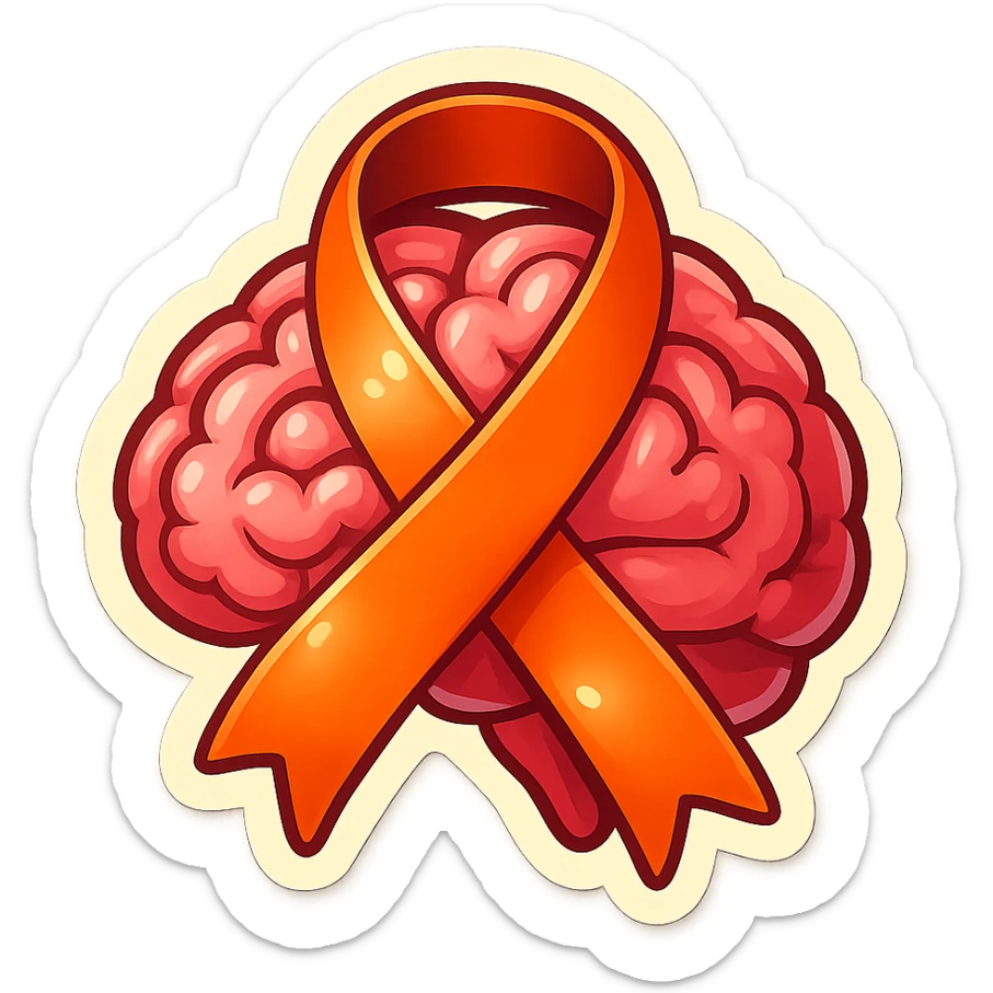 ribbon wrapping a brain, symbol of care for the psyche, retro sticker style, clear contours, shadows and highlights, psychosomatics theme sticker