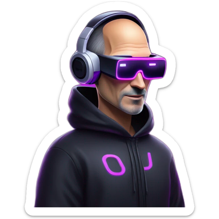 Steve Jobs wearing a black hoodie with "OMG" letters on it and VR headset in a cyberpunk VR environment with violet neon lighting. sticker