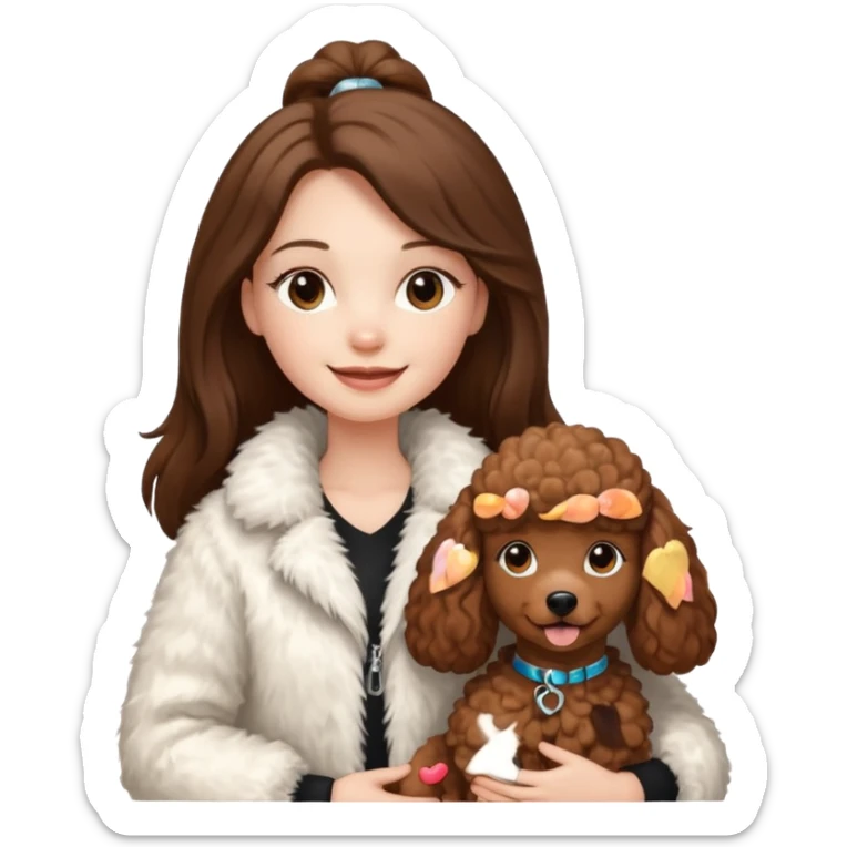A white smiling girl with a long brown straight(middle part) hair and wearing a fur white jacket holds a brown poodle sticker