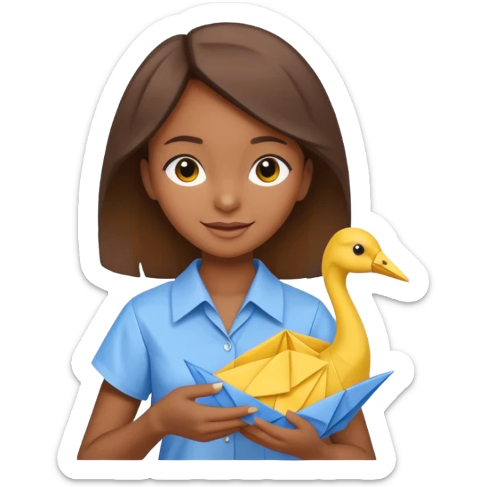 happy-african-young-girl-with-brown-hair-in-a-white-vintage-kanga-shirt-holds-an-origami-yellow-and-blue-crane sticker