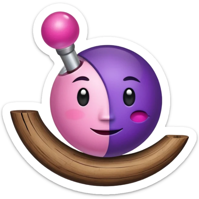 A half pink half purple ball with a face and a wooden stem followed by a glass stem on top of the wood stem tilted 90 degrees sticker