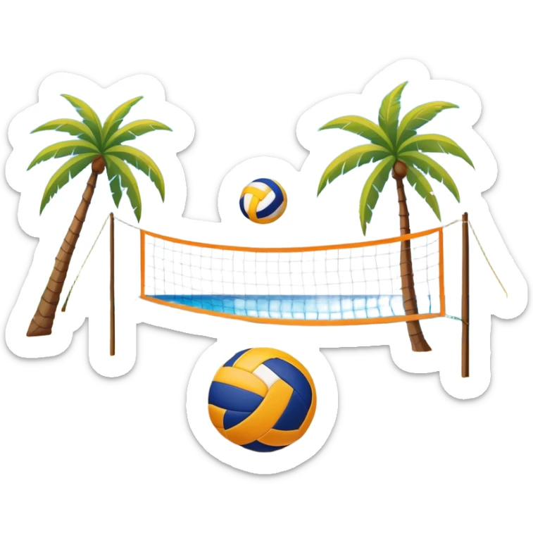 The scene captures a sunny sea beach atmosphere with clear blue sea and sky, palm trees swaying. A volleyball resting on the orange sand ground of a beach, with a volleyball net in the background.  sticker