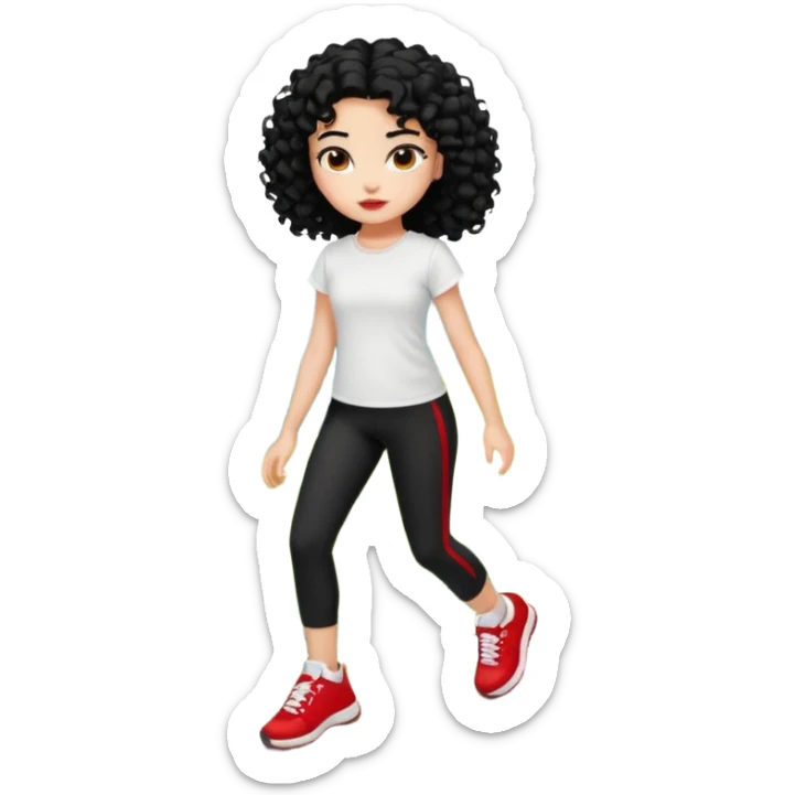 generate a pretty bratz fair skinned girl with curly black hair wearing a white tshirt trekking on a hill with red sneakers on and black leggings.  Put a hill behind her sticker