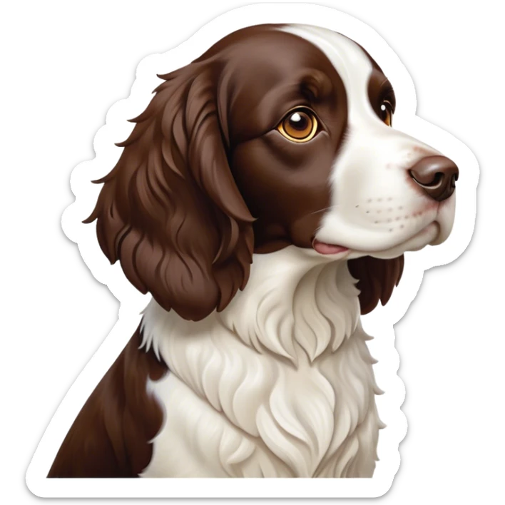 Cinematic Noble Springer Spaniel Portrait Emoji, Poised and regal, with a medium build and a glossy, well-groomed Fur of rich liver and white, deep-set soulful brown eyes, Simplified yet sharp and sophisticated features, highly detailed, glowing with a soft, dignified glow, high shine, intelligent and alert, stylized with an air of grace, focused and attentive, soft glowing outline, capturing the essence of a watchful and confident companion, so majestic it feels as though it could bound out of the screen with effortless authority! sticker