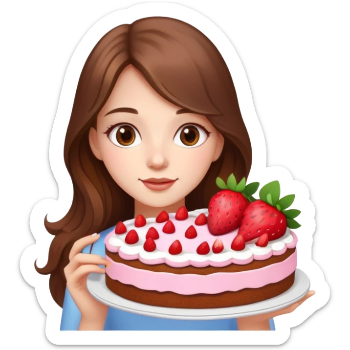 A beautiful girl with long brown hair and flowers holding a strawberry cake sticker