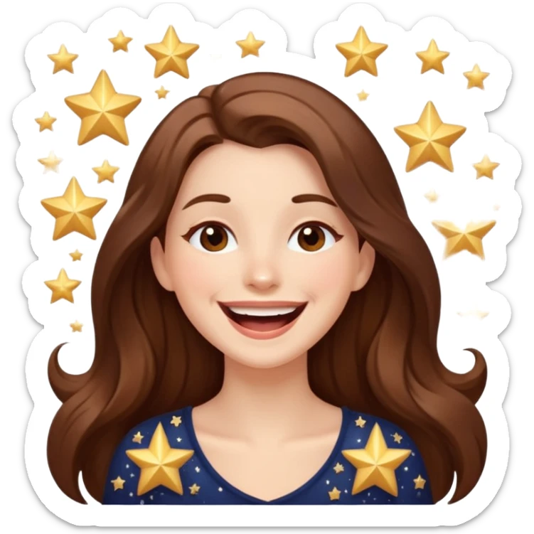 woman with long brown hair laughing with stars and sparkles, light beige sticker