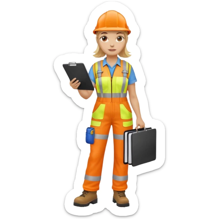 woman in orange hi vis overalls and boots holding a clipboard, walking sticker
