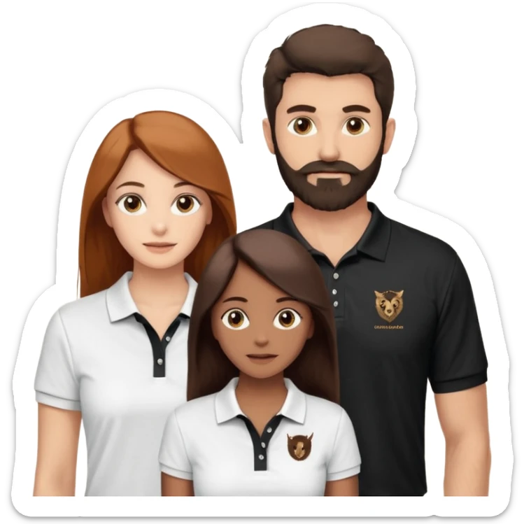 Tente de novo.Crie um casal - Homem branco de cabelo liso e olhos marrom, com barba, expressão séria usando camiseta polo preta e mulher de pele branca cabelo cacheado marrom longo e olhos mel, usando uma regata branca, quero ela sorrindo sticker