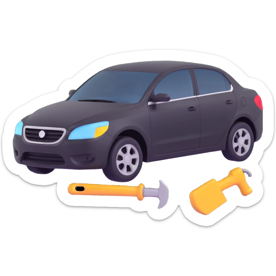 icon of a car with a visible dent from a crash and dent repair tools like a lever and small hammer sticker