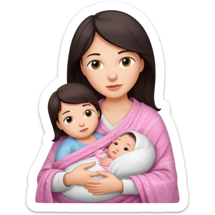 Mother with a white shirt and dark hair holding her newborn babygirl swaddled in pink blanket sticker